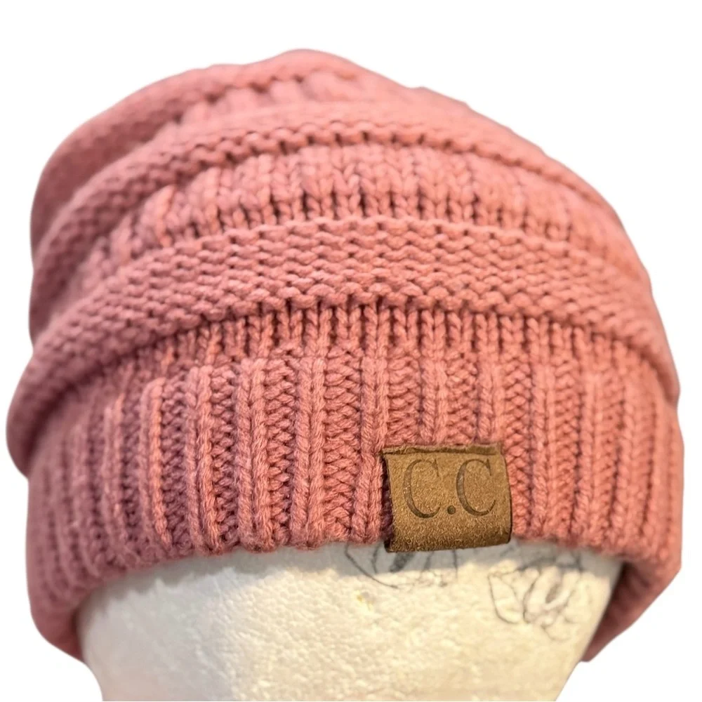 C.C. Slouchy Thick Warm Knit Cap Beanie Dusty Rose Soft Chunky Knit